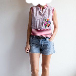 Vintage Fornarina red striped floral Banded Bottom Tank Top Blouse Snaps S Small